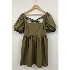 FOREVER 21 Baby Doll Mini Dress Women's Size L Olive Green 100% Cotton Y2K